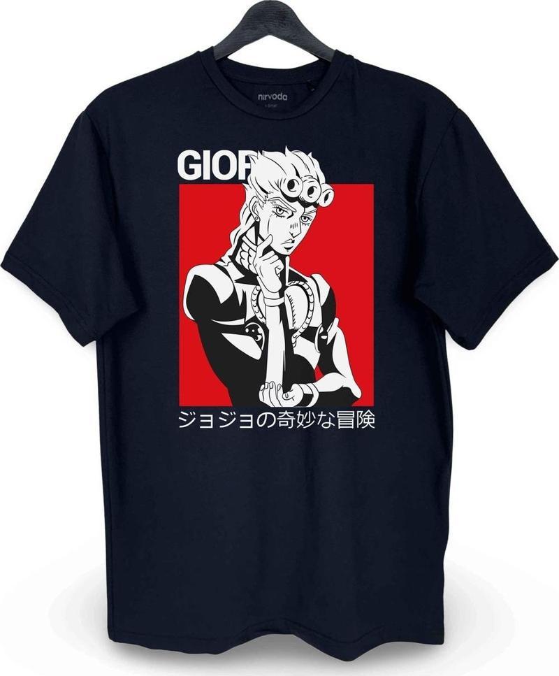 Giorno Giovanna Jojos Bizarre Baskılı Loose Fit Bisiklet Yaka Unisex Tişört Siyah