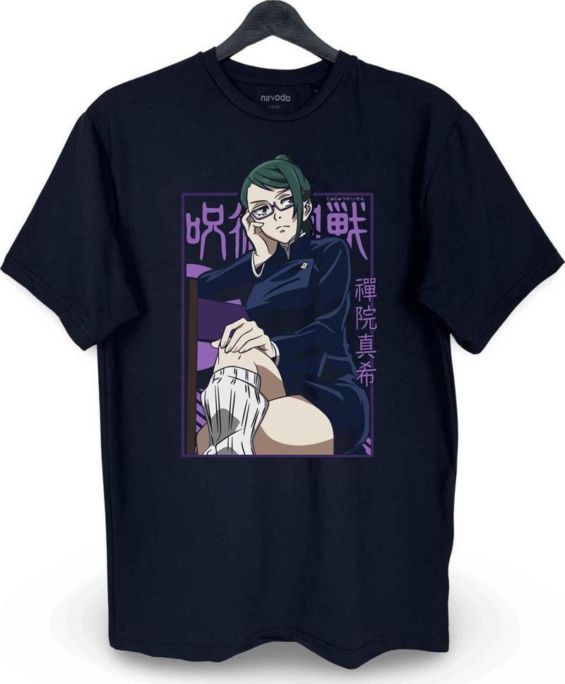 Maki Jujutsu Kaisen Baskılı Loose Fit Bisiklet Yaka Unisex Tişört Anime Manga Siyah