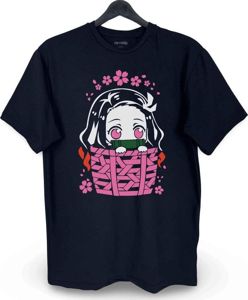 Nezuko Demon Slayer Baskılı Loose Fit Bisiklet Yaka Unisex Tişört Anime Manga Siyah