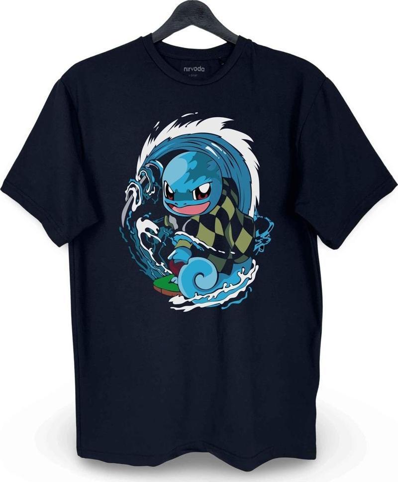 Squirtle Pokemon Baskılı Loose Fit Bisiklet Yaka Unisex Tişört Siyah