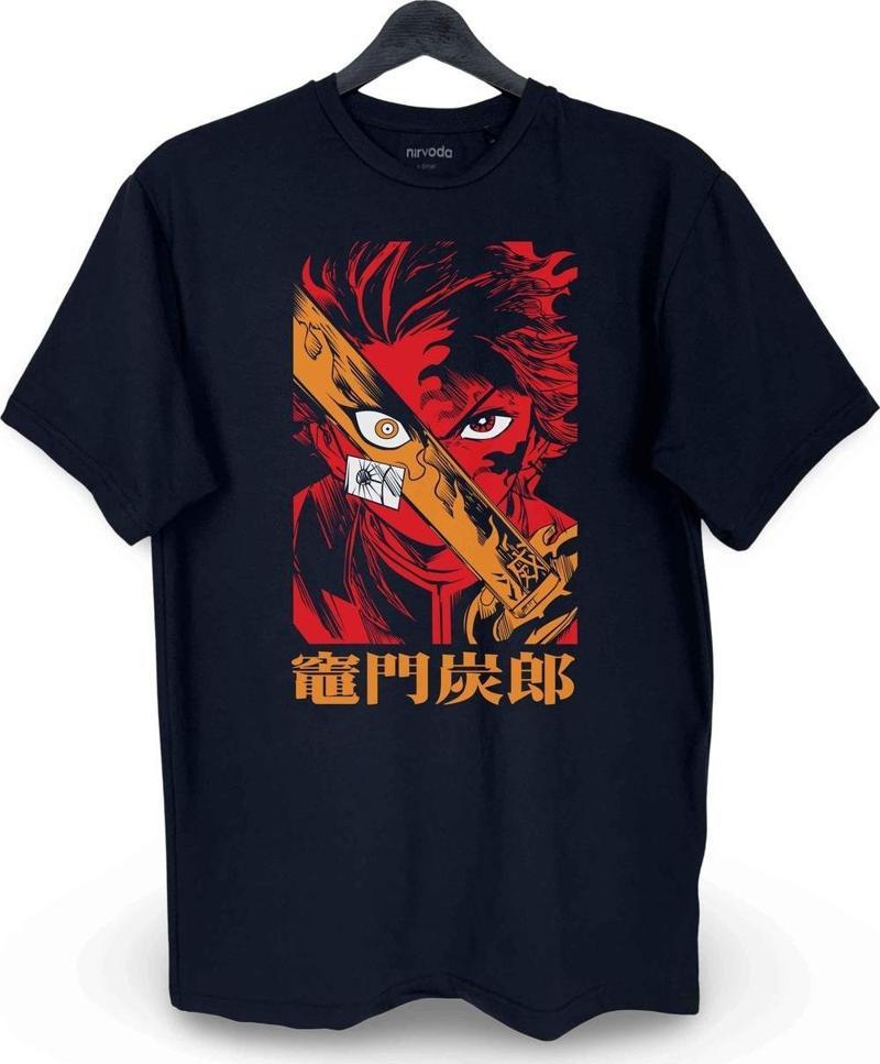 Tanjiro Kamado Demon Slayer Baskılı Loose Fit Bisiklet Yaka Unisex Tişört Anime Manga Siyah