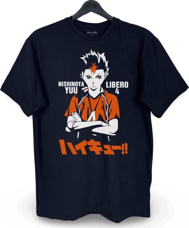 Yu Nishinoya Haikyuu Baskılı Loose Fit Bisiklet Yaka Unisex Tişört Anime Manga Siyah