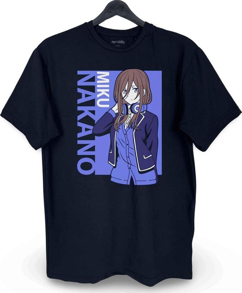 Miku Nakano Mavi One Piece Baskılı Loose Fit Bisiklet Yaka Unisex Tişört Anime Manga Siyah