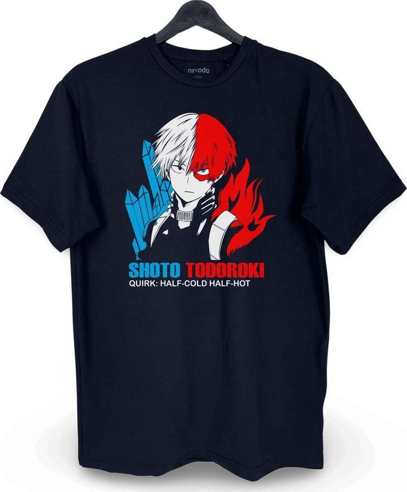 Shoto Todoroki My Hero Academia Baskılı Loose Fit Bisiklet Yaka Unisex Tişört Anime Manga Siyah