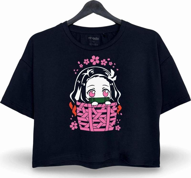 Nezuko Demon Slayer Baskılı Oversize Crop Tişört Siyah Anime Manga