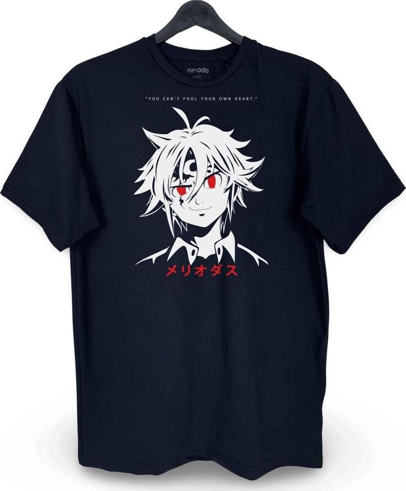 Meliodas Nanatsu no Taizai Baskılı Loose Fit Bisiklet Yaka Unisex Tişört Siyah