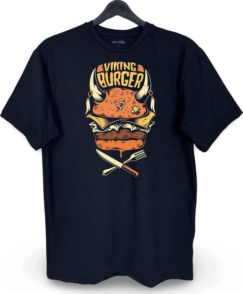 Viking Burger Baskılı Loose Fit Bisiklet Yaka Unisex Tişört Siyah