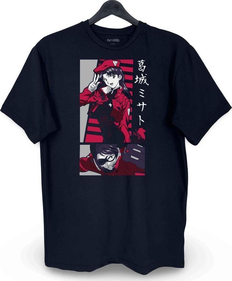 Misato Katsuragi Evangelion Baskılı Loose Fit Bisiklet Yaka Unisex Tişört Siyah