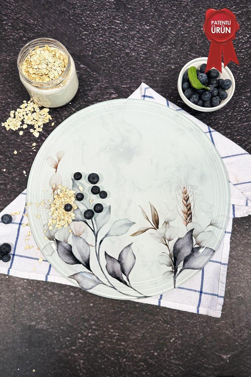 Kanallı Cam Kesme Tahtası - Cam Kesme Tablası | Dark Floral | Çap32cm | Patentli Ürün