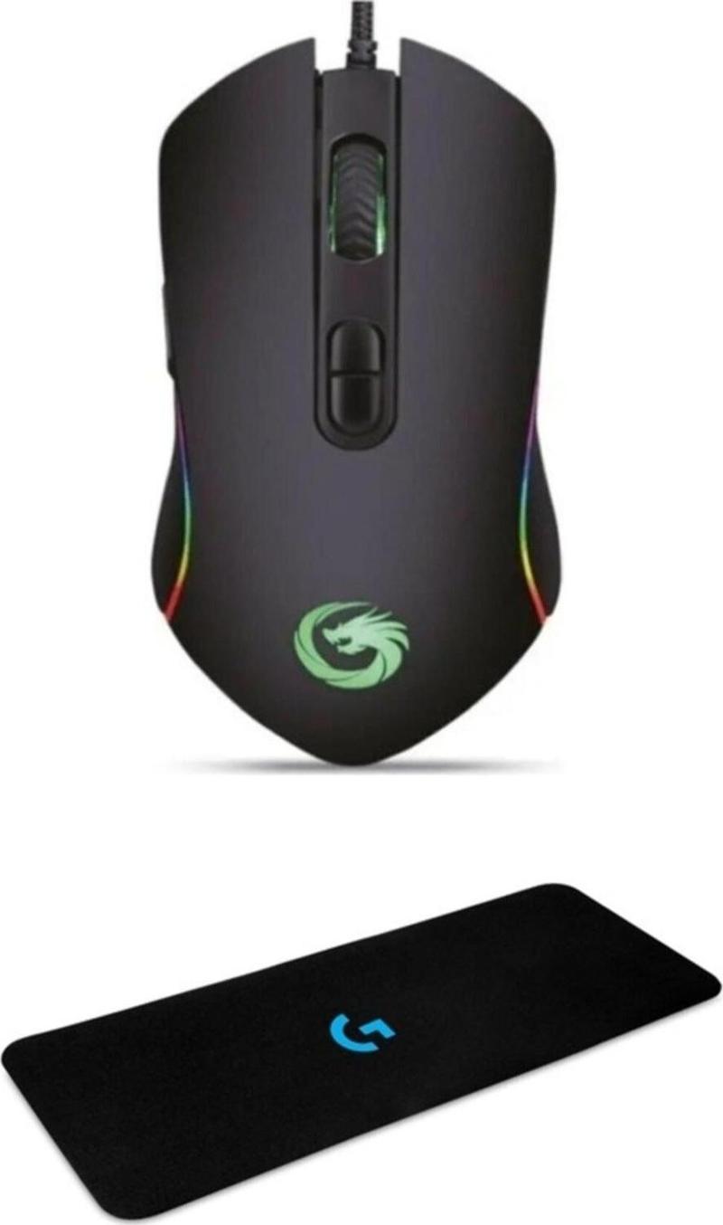 Hawk Siyah Makrolu 6400Dpi RGB Ledli Gaming Oyuncu Mouse Drag Click Mouse Pad