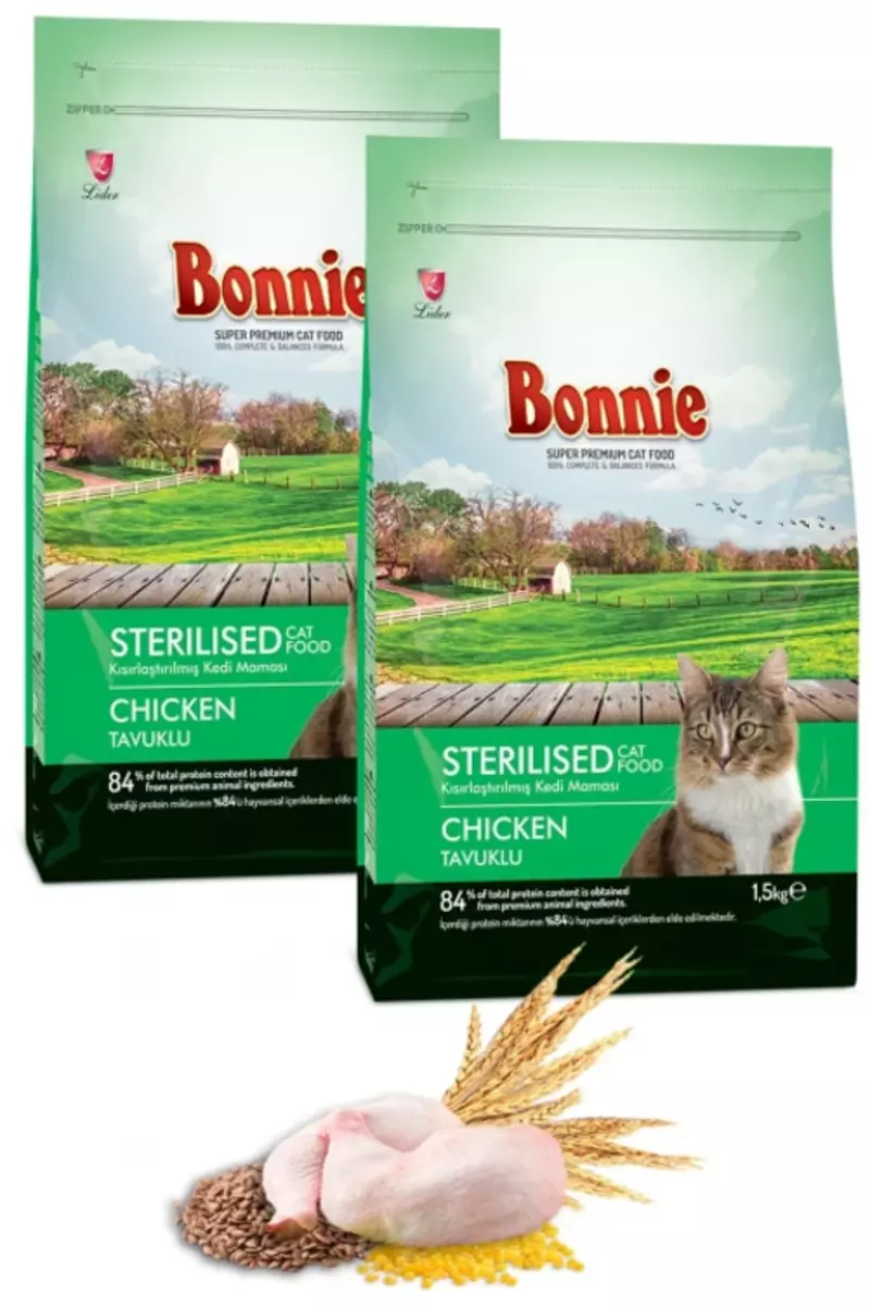 Bonnıe Kısırlaştırılmış Tavuklu Kedi Maması 1,5 Kg x 2 Adet