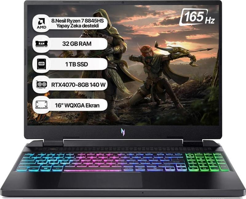 Nitro 16 AN16-42 AMD R7 8845HS 32GB 1TB SSD RTX4070-8GB Dos 16" WQXGA 165Hz Taşınabilir Bilgisayar NH.QSLEY.001