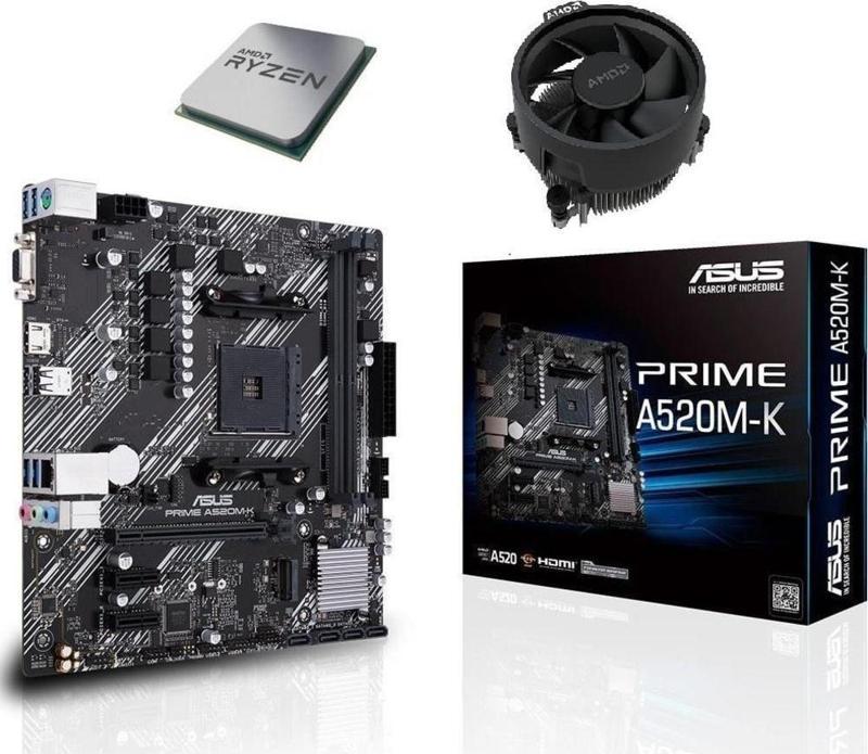 Prime A520M-K DDR4 4600MHz mATX Anakart - AMD Ryzen 5 5600X AM4 İşlemci Tray - AMD Fan Set