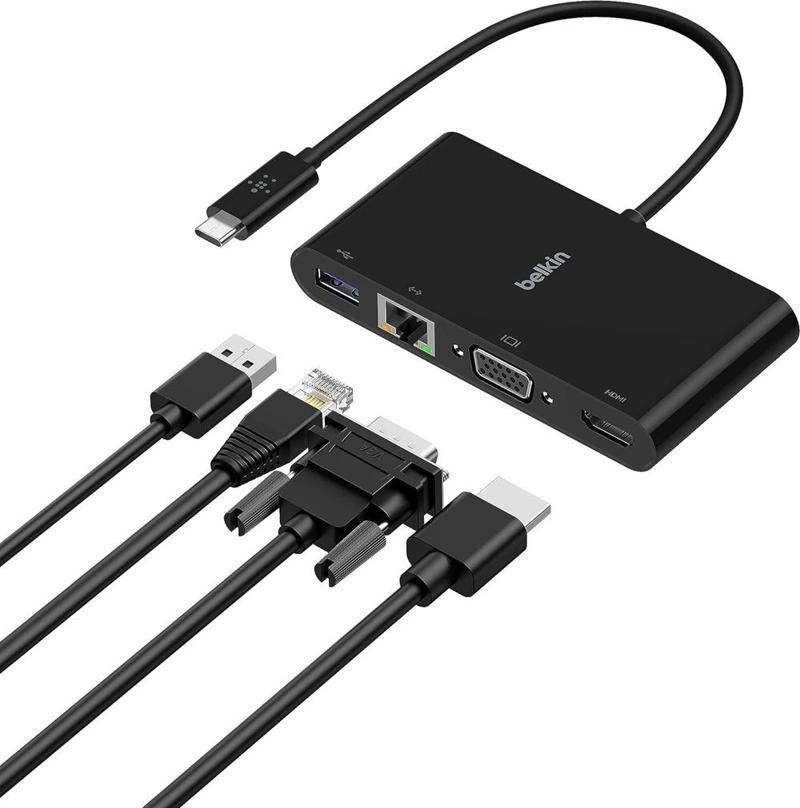 USB-C Multimedia Adaptörü (VGA, 4K HDMI, USB 3.0, Ethernet Bağlantı Noktalı