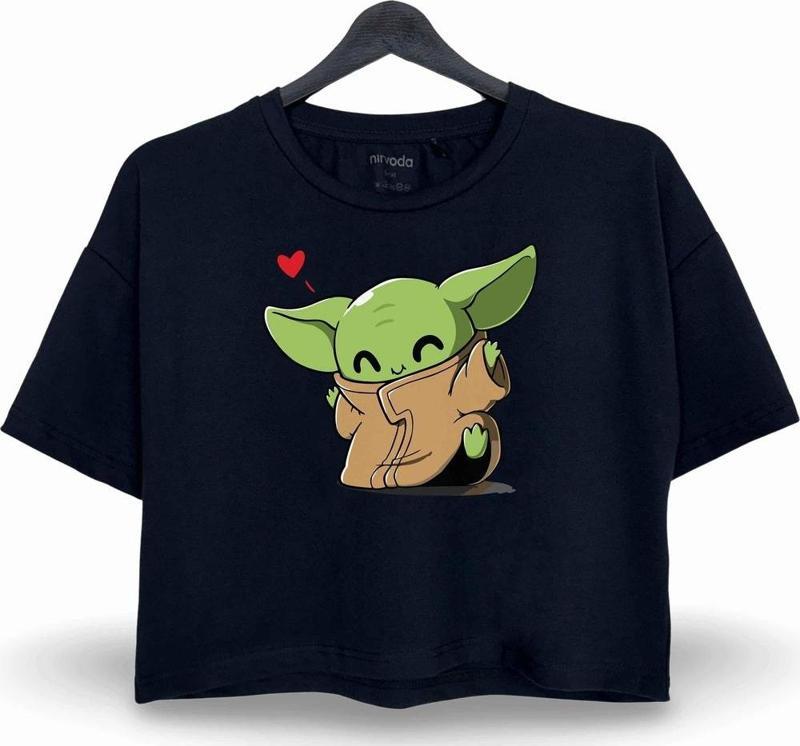 Sevimli Baby Yoda Baskılı Oversize Crop Tişört