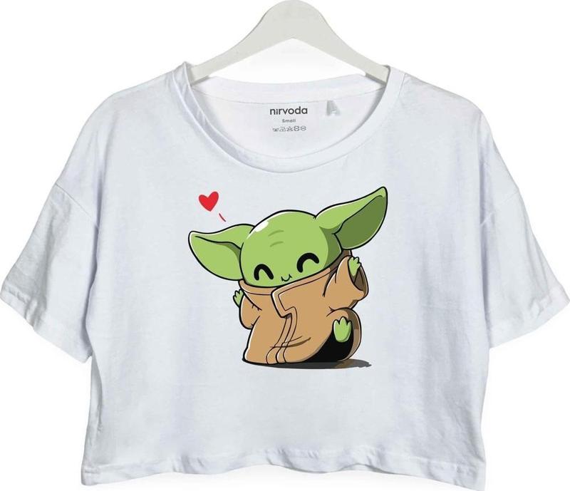 Sevimli Baby Yoda Baskılı Oversize Crop Tişört