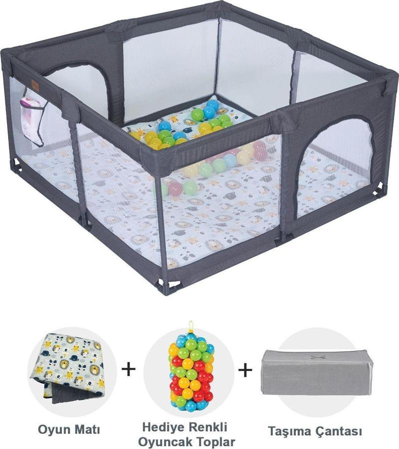 Playard Keten Pamuklu Güvenli Bebek Ve Çocuk Oyun Alanı Oyun Parkı 125x125 Oyun Matı Ve Topları Antrasit