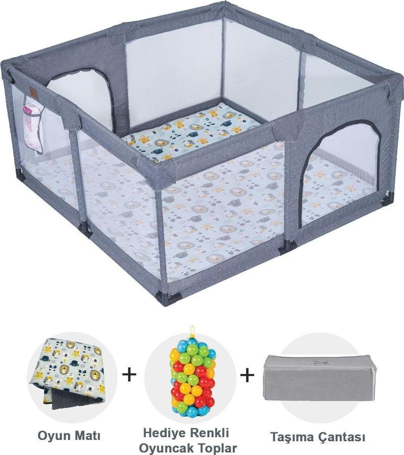 Playard Keten Pamuklu Güvenli Bebek Ve Çocuk Oyun Alanı Oyun Parkı 125x125 Oyun Matı Ve Topları Gri