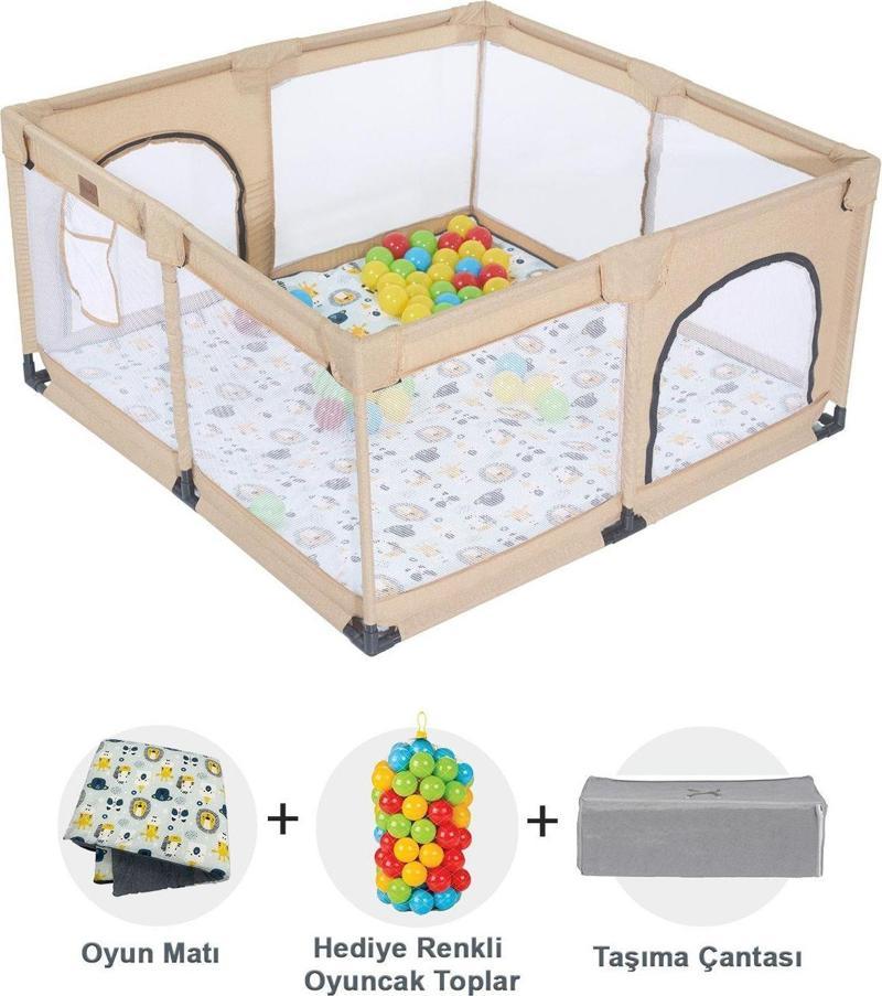 Playard Keten Pamuklu Güvenli Bebek Ve Çocuk Oyun Alanı Oyun Parkı 125x125 Oyun Matı Ve Topları Bej