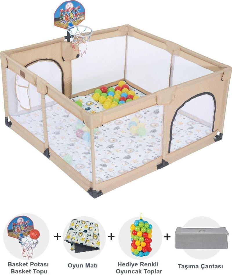 Playard Keten Potalı Güvenli Bebek Ve Çocuk Oyun Alanı Oyun Parkı 125x125 Oyun Matı Ve Topları Bej