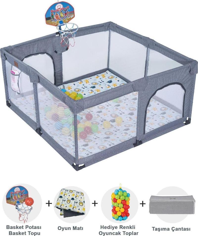 Playard Keten Potalı Güvenli Bebek Ve Çocuk Oyun Alanı Oyun Parkı 125x125 Oyun Matı Ve Topları Gri