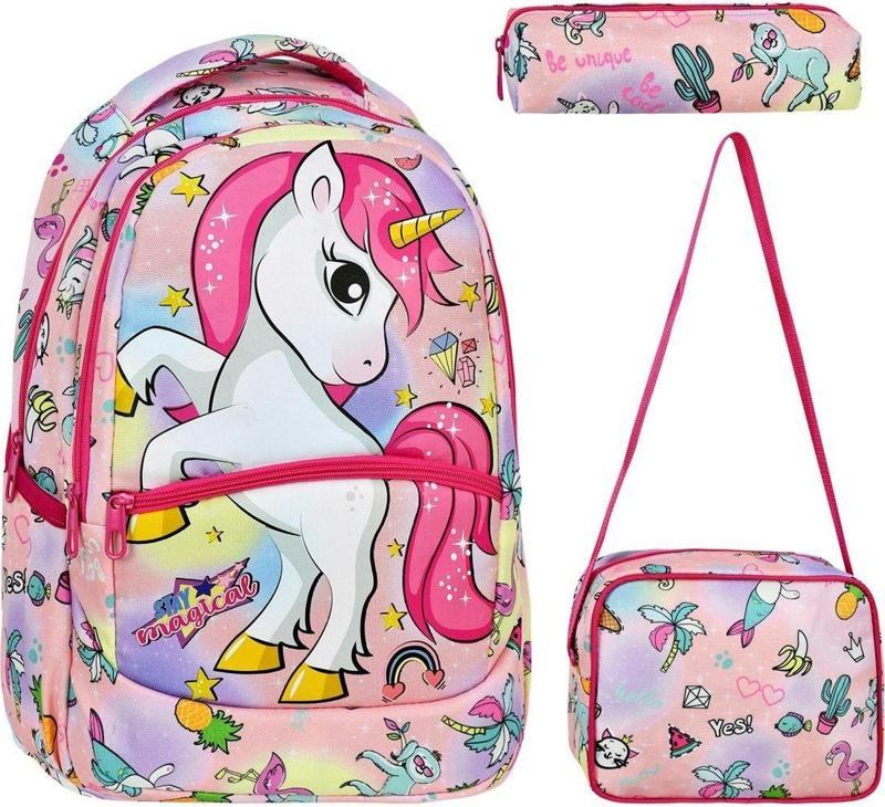 3'lü Okul Seti, Unicorn Desenli Ilkokul Çantası + Beslenme Çantası + Kalemlik