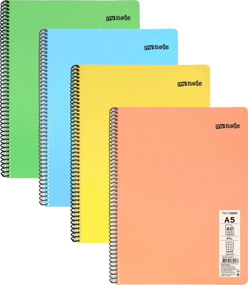 Flex Neon A5 Defter 80 Yaprak Kareli Defter 4 Adet