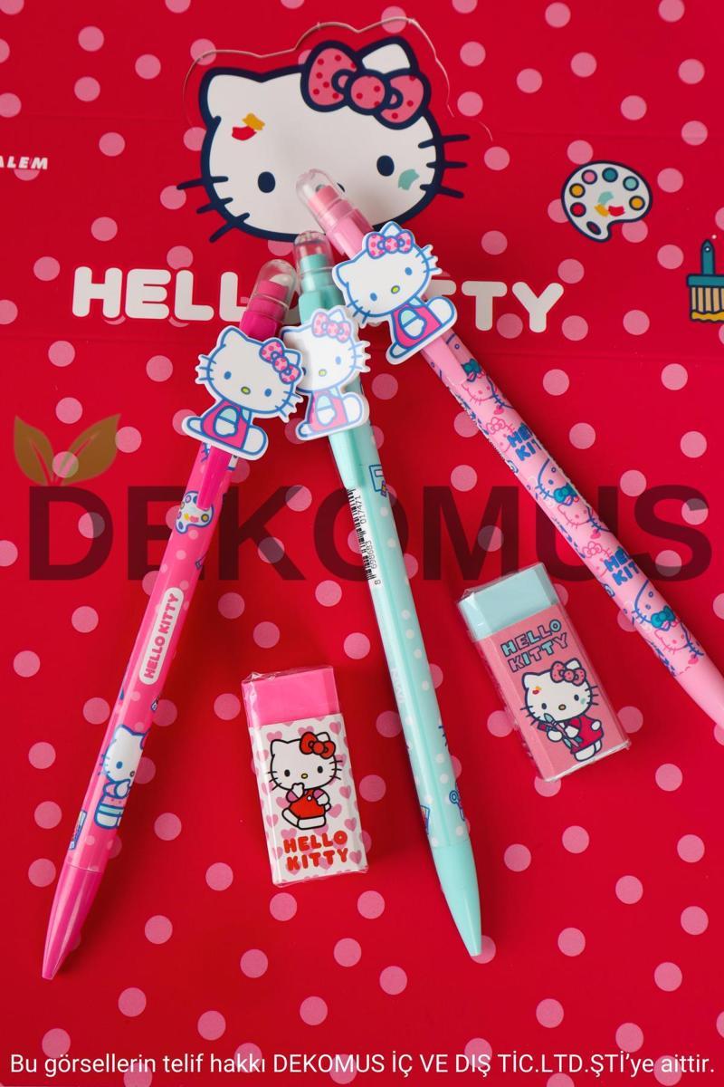 YENİ SEZON LİSANSLI HELLO KITTY 2D FİGÜRLÜ VERSATİL UÇLU KALEM 0.7 MM VE SİLGİ SETİ