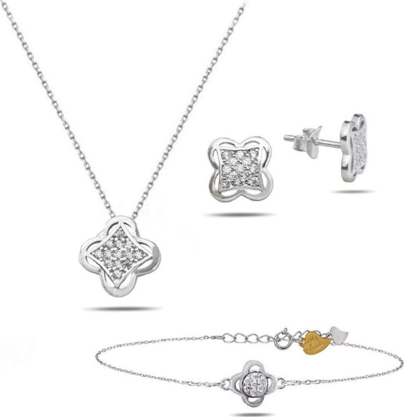 Swarovski Taşlı Elegant Yonca Kadın Gümüş Kolye Küpe Bileklik Set