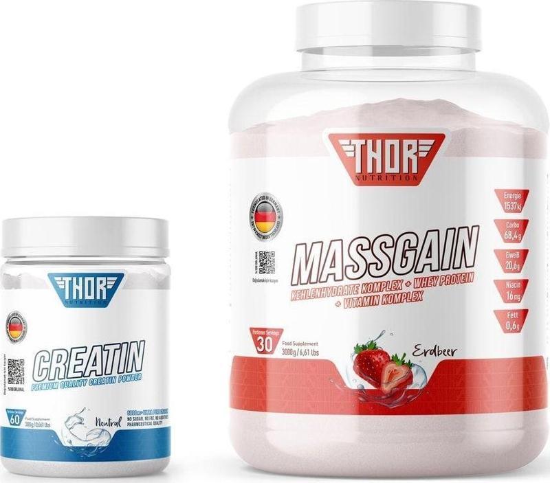 3Kg Massgaıner 30 Servis Çilek Aromalı + Creatine 60 Servis Aromasız + 5 Hediye