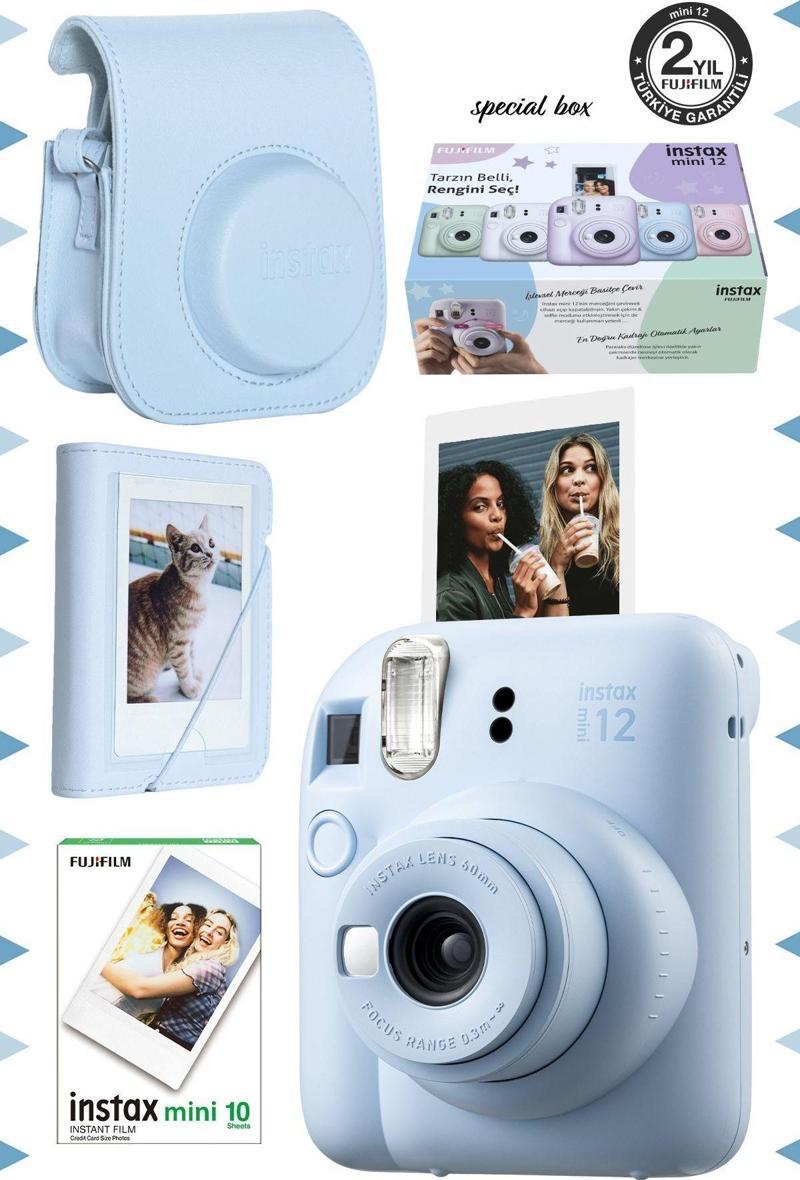 Fujifilm Instax Mini 12 Mavi Fotoğraf Makinesi-10'lu Film-Mini Albüm Ve Deri Kılıf Seti