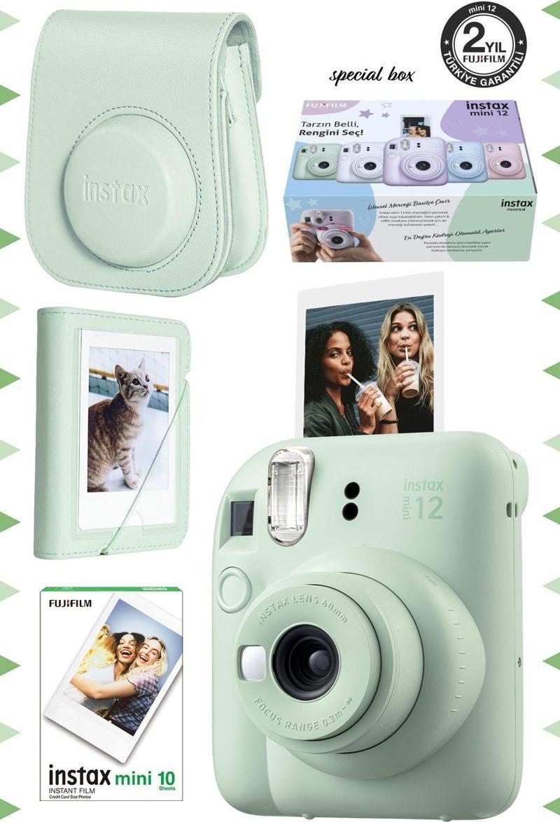 Fujifilm Instax Mini 12 Yeşil Fotoğraf Makinesi-10'lu Film-Mini Albüm Ve Deri Kılıf Seti