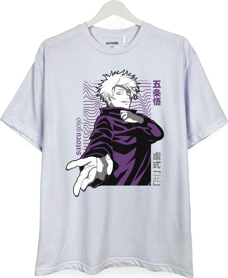 Satoru Gojo Jujutsu No Kaisen Baskılı Loose Fit Bisiklet Yaka Unisex Tişört Anime Manga