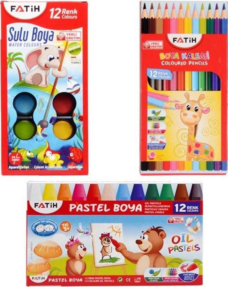 3'lü Boyama Seti (Kuru Boya+Sulu Boya+Pastel Boya)