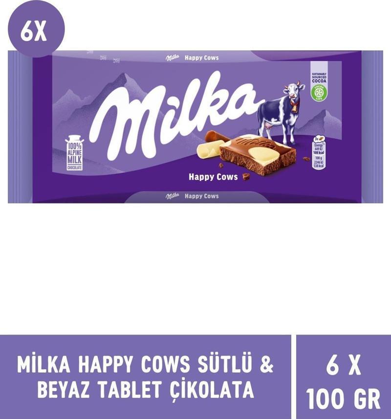 Happy Cows Sütlü & Beyaz Tablet Çikolata 100 gr - 6 Adet