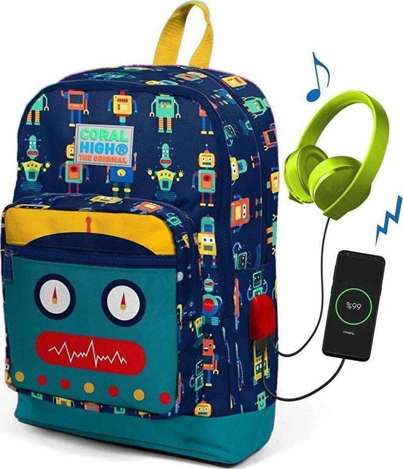 Kids Lacivert Robot Desenli Usb Şarjlı Kulaklık Çıkışlı Okul Sırt Çantası