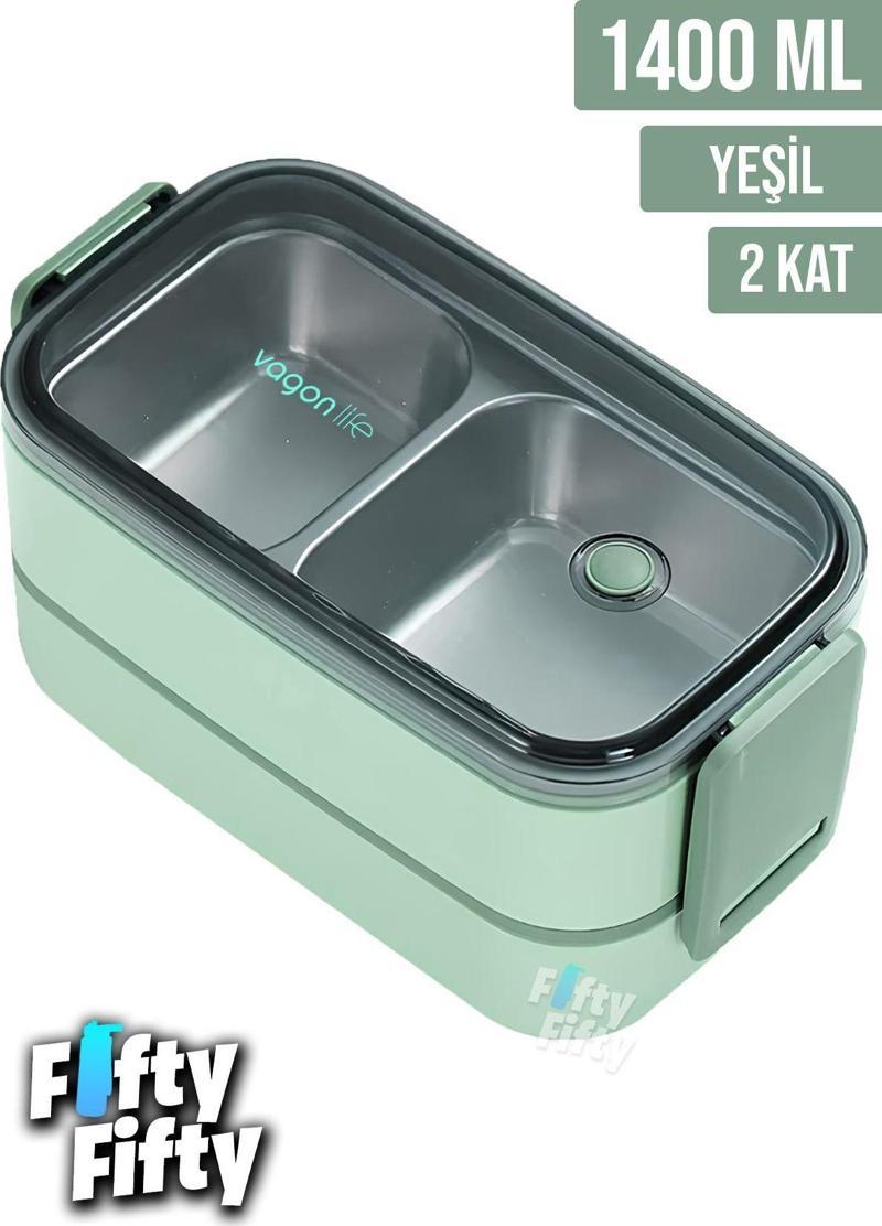 1400 ML İki Kat Üç Bölme Paslanmaz Çelik Bento Lunch Box Yeni Nesil Sefer Tası -Çatal/Kaşıklı Model-ffbl50002