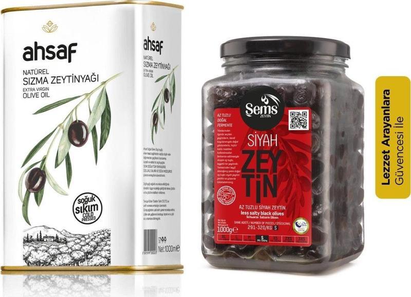 Avantajlı Zeytin+Yağı Paketi (Ahsaf Soğuk Sıkım Zeytinyağı 1 lt + Şems Siyah Zeytin 291-320 1 kg)