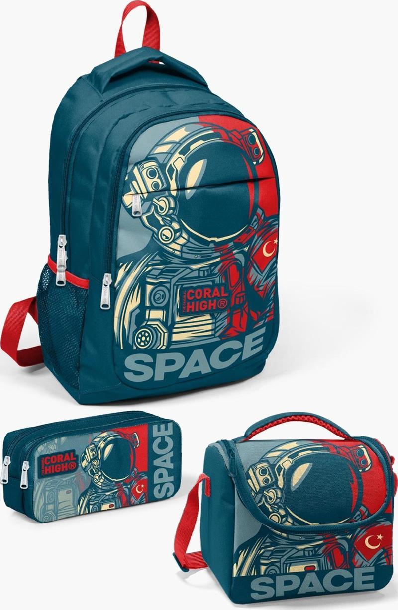 Kids Çivit Kırmızı Astronot Desenli 3’lü Okul Çanta Seti SET0114389