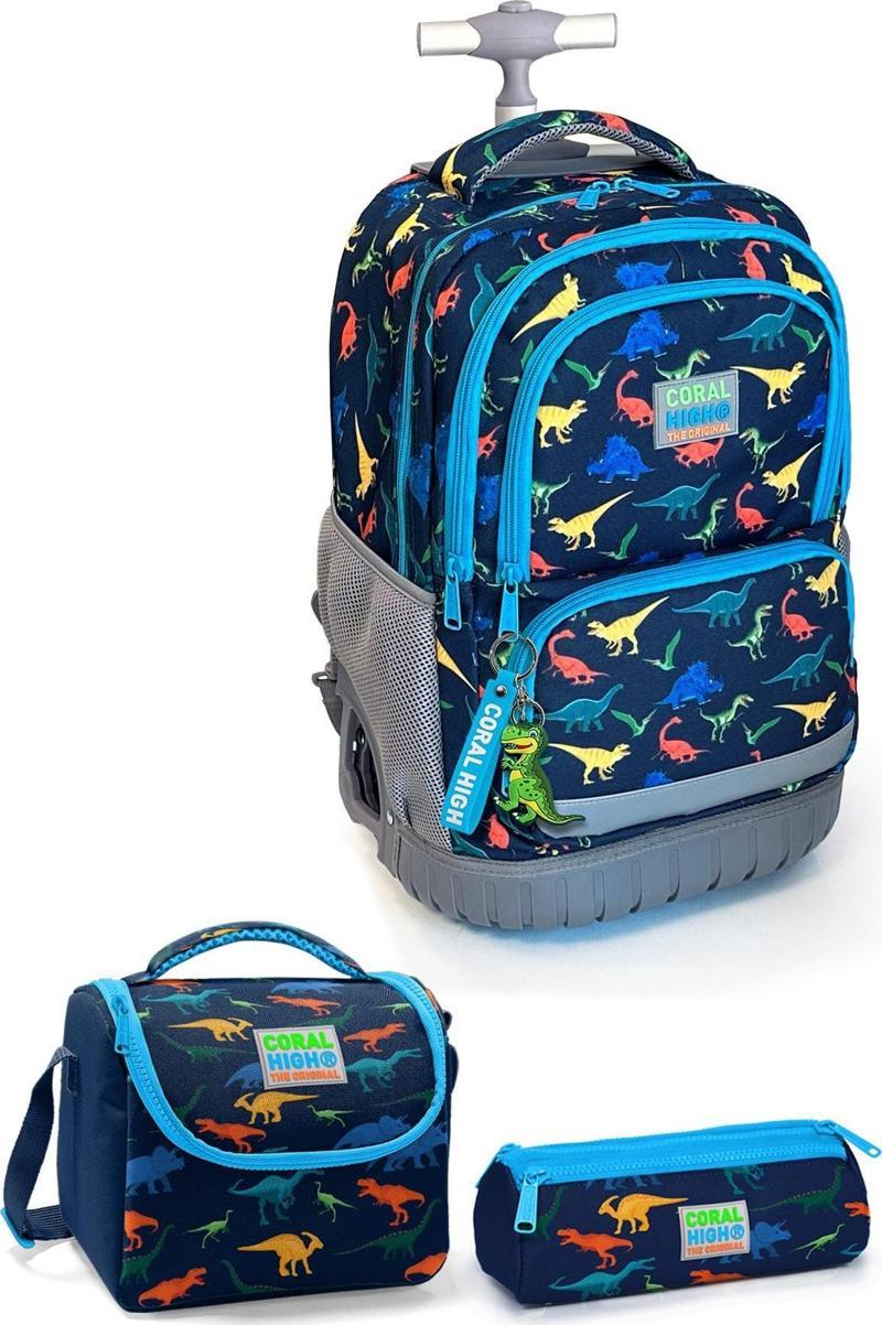Kids Lacivert Dinozor Desenli Çekçekli 3'lü Çanta Seti SET0124024