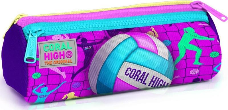 Kids Pembe Mor Voleybol Desenli Üç Bölmeli Kalem Çantası 22061