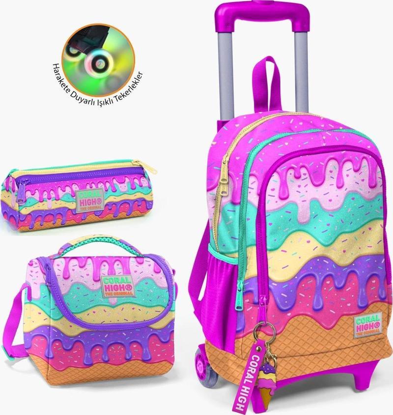 Kids Pembe Rengarenk Dondurma Desenli Çekçekli 3’lü Okul Çanta Seti SET0123931