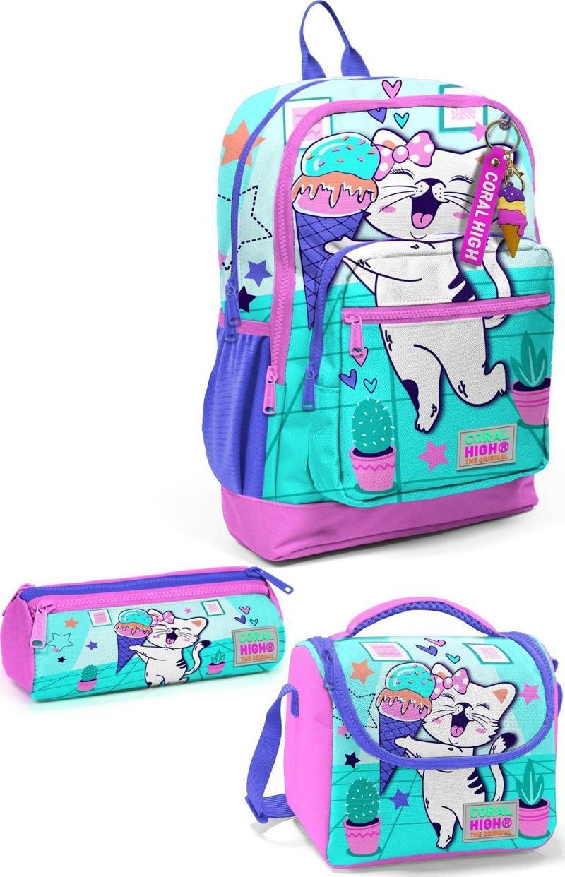 Kids Turkuaz Pembe Dondurmalı Kedi Desenli 3’lü Okul Çanta Seti SET0123751