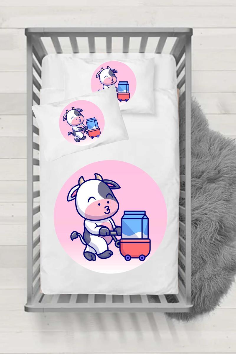 Miss Süt Sevdalısı İnekcik Desenli Bebek Lastikli Çarşaf (60x120 / 15) 2'li Yastık Kılıfı