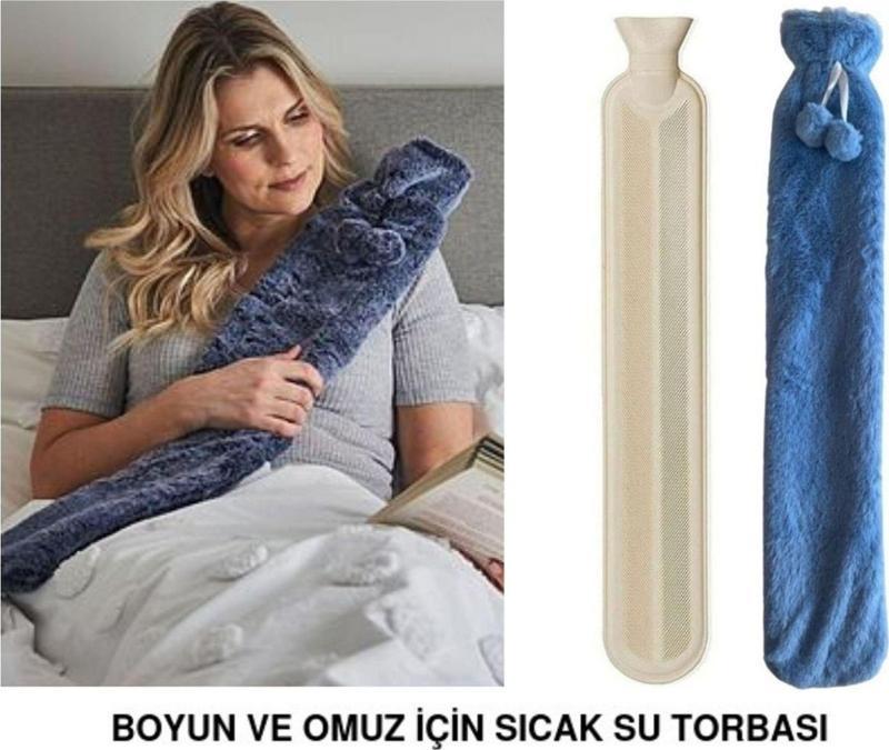 SICAK SU TORBASI BOYUN VE OMUZ ICIN  UZUN PELUŞ MAVİ PONPONLU 2LT TERMOFOR 75x13CM