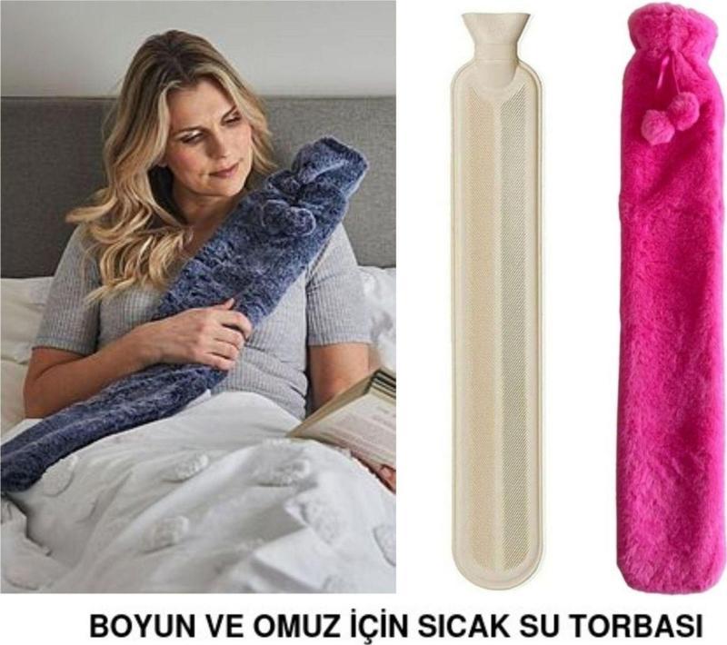 SICAK SU TORBASI BOYUN VE OMUZ ICIN  UZUN PELUŞ PEMBE PONPONLU 2LT TERMOFOR 75x13CM