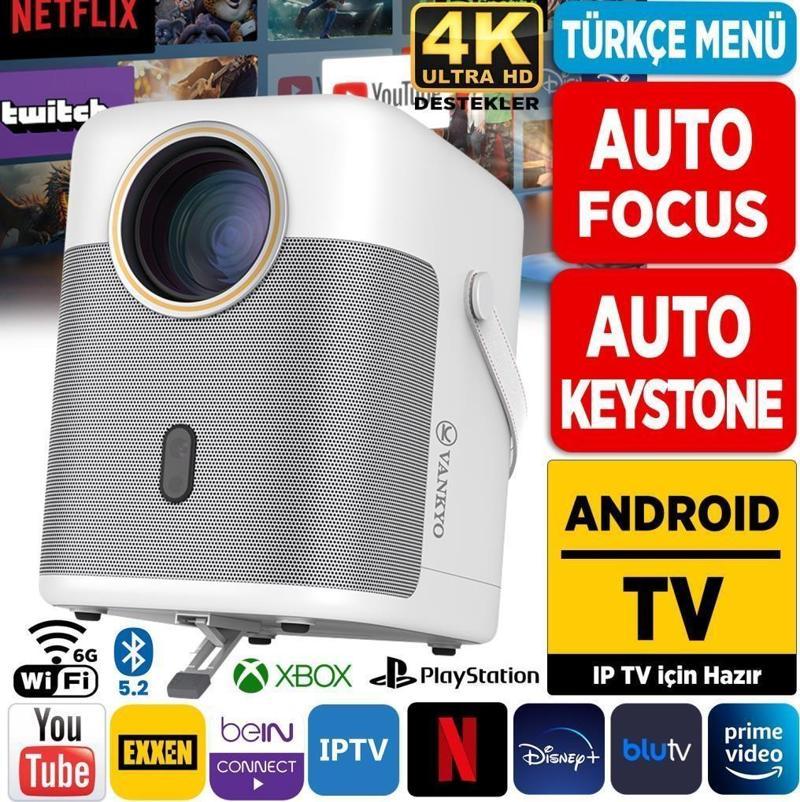 H300A AndroidTV 4K Destekli Projeksiyon Cihazı+Auto Focus+Auto Keystone 6GWi-Fi+5.2Bluetooth 240''Yansıtma Beyaz