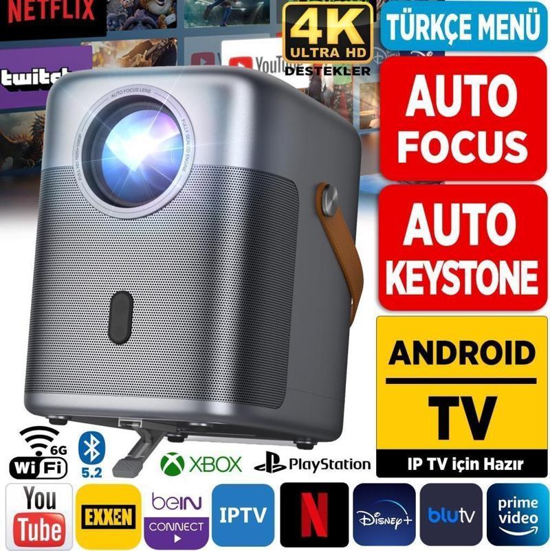 H300A AndroidTV 4K Destekli Projeksiyon Cihazı+Auto Focus+Auto Keystone 6GWi-Fi+5.2Bluetooth 240''Yansıtma Gri