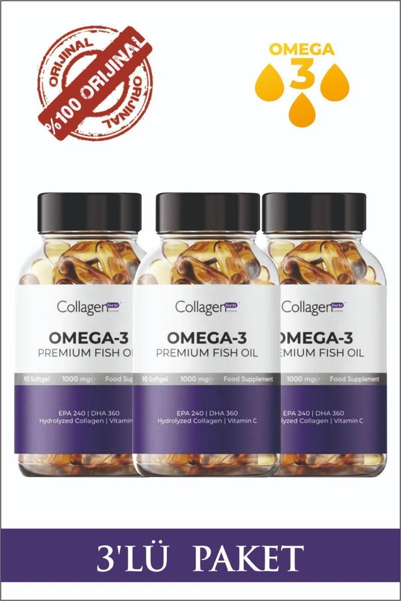 3 Adet Omega-3 Premium Fish Oil 90 Softgel X 1000mg, Balık Yağı, Hidrolize Kolajen