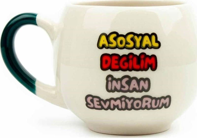 Asosyal Değilim İnsan Sevmiyorum Krem Parlak Balon Kupa (Yeşil Kulp) - Hediye Seramik Kupa